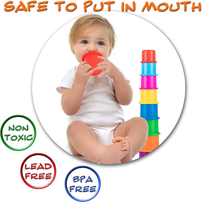 Colorful Stacking & Nesting Cups - 8 Cups Fun Color Learning Toy - Great Bath & Beach Toy for Baby Toddler & Kids - Preschool Game