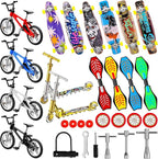 Skylety 31 Pieces Mini Finger Toys Set for Boy Girl Includes 6 Finger Skateboards, 4 Bikes, 2 Mini Scooters 4 Swing Board 8 Matched Wheels 7 Tool Accessories Educational Toy Party Favor(Novel)