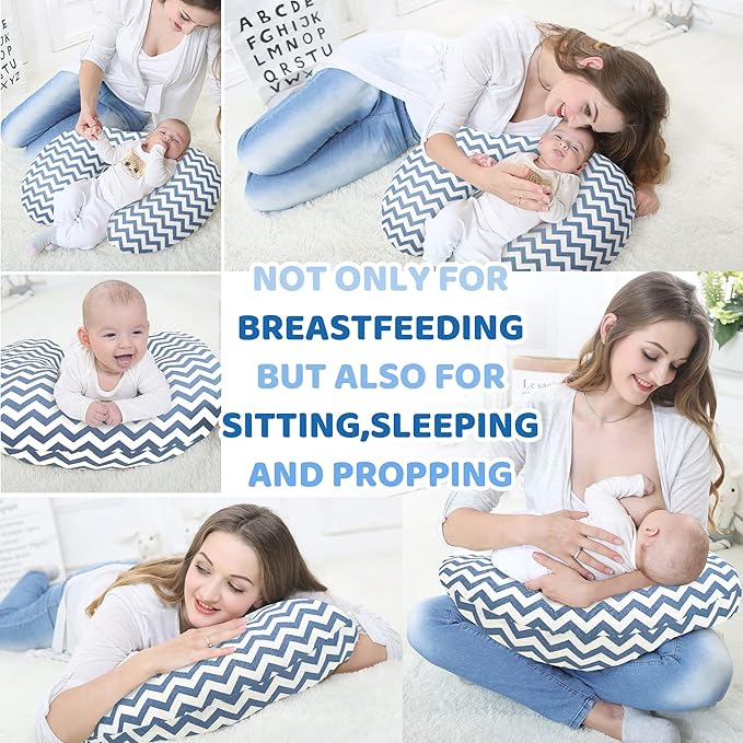 LAT Nursing Pillow for Breastfeeding,100% Cotton Removable Cover,Ergonomic Breast Feeding Pillows for Mom and Baby,Machine Washable(Blue Wave)