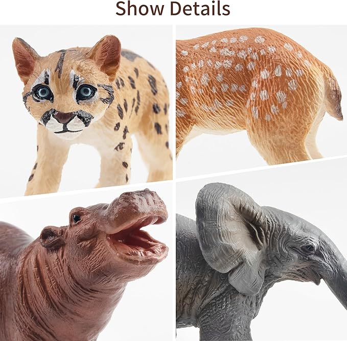 Toymany 12PCS Forest Animals Baby Figurines, Realistic Woodland Animals Figures Toys Includes Elephant, Mountain Lion, Giraffe and Deer Cubs, Cake Toppers Christmas Birthday Gift for Kids Toddlers