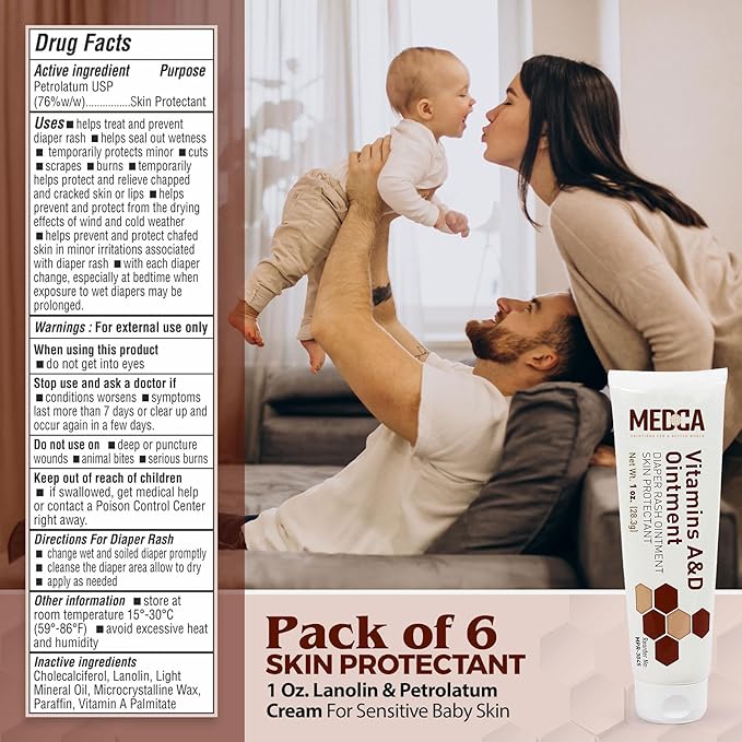 MEDca Vitamin A & D Diaper Rash Ointment- Protectant Cream for Sensitive Baby Skin - Lanolin & Petrolatum Formula, Dry-Cracked Hands/Feet/Face Skin, 1oz Tube, Pack of 6