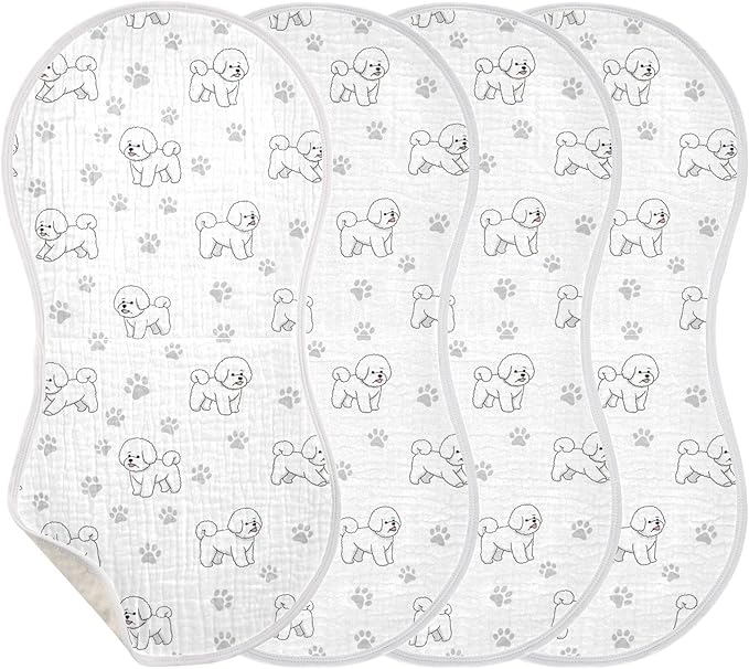4 Pack Muslin Burp Cloths Cute Bichon Dog White Cotton Baby Burp Cloths Extra Absorbent and Soft Spit Up Rags for Newborn Babies 22x11 Inch