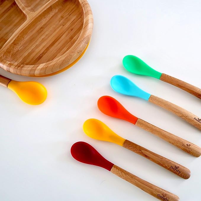 Avanchy Bamboo & Silicone Infant Training Spoons, BPA Free - Soft Tip, Easy on Gums, First Stage Feeding Utensils for Baby-Led Weaning, Self-Feeding, Yellow