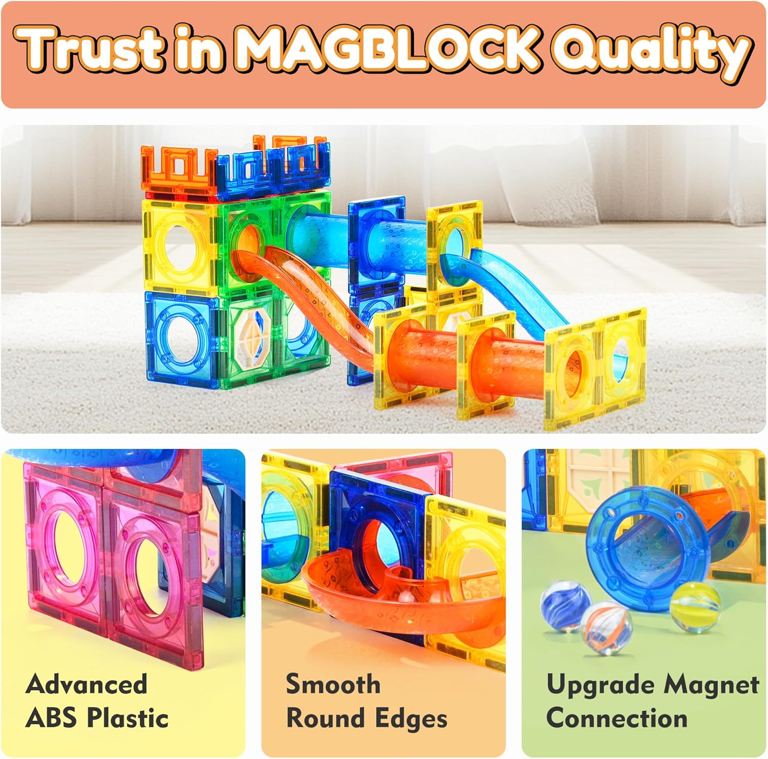 MAGBLOCK 85Pcs Marble Run Magnetic Tiles Toy Building Blocks STEM Educational Child Brain Development Kit Magnet Construction Toys for Boys Girls Kids Age 5 6 7+ Years Old