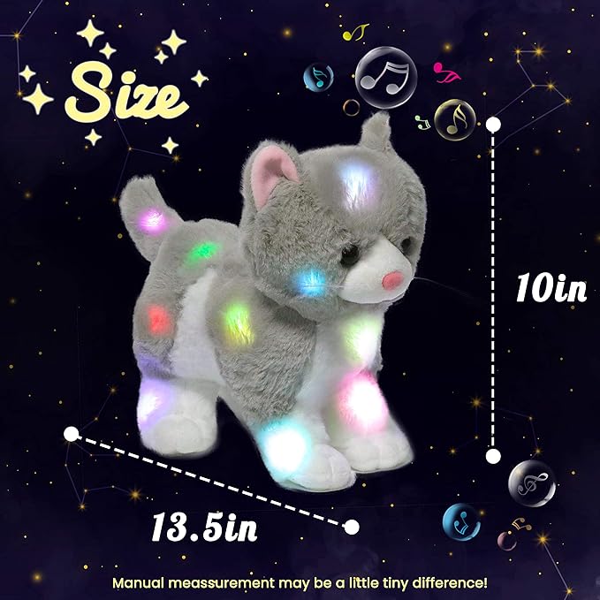 Hopearl LED Musical Stuffed Kitty Lighting Up Singing Plush Cat Adjustable Volume Lullaby Animated Soothe Birthday Gifts for Kids Toddler Girls, Grey, 13.5''