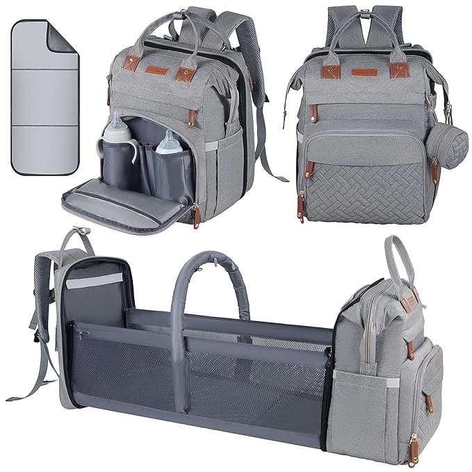 Baby Diaper Bag, Backpack with Changing Table, Unisex Baby Bag, with Diaper Pad, USB Charging Port, Insulated Pacifier Case, Multifunctional Waterproof Travel Diaper Bag, Gift for Newborn Baby (Grey)