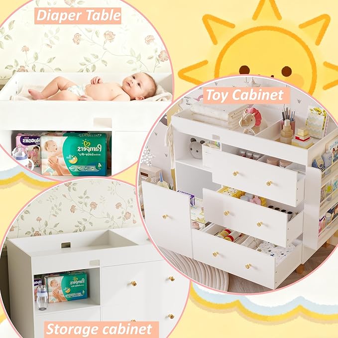 Baby Changing Table,Diaper Changing Table with Large Tabletop,4 Drawers,Open Storage Space & Side Shelves,Modern Storage Crib with Changing Table Dresser for Nurseries and Baby Rooms,White