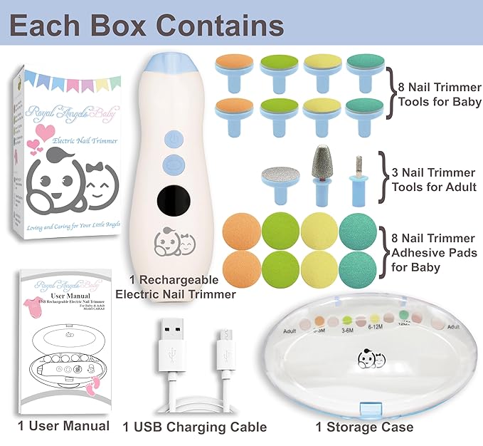 Rechargeable 22 in 1 Baby Nail Trimmer, Usage Labeled Case, 13 Extra Replacement Tools, Royal Angels Electric Nail File with LCD display, Newborn Toddler Nail Care Clipper Kit (Rechargeable,WhiteBlue)