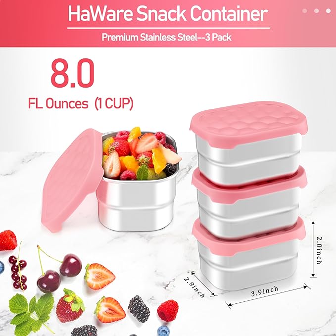HaWare Stainless Steel Snack Containers for Toddlers and Kids, 8 oz Leak Proof Food Storage Containers with Silicone Lids, Stackable & Reusable Small Metal Lunch Box for Daycare and School- 3 Packs
