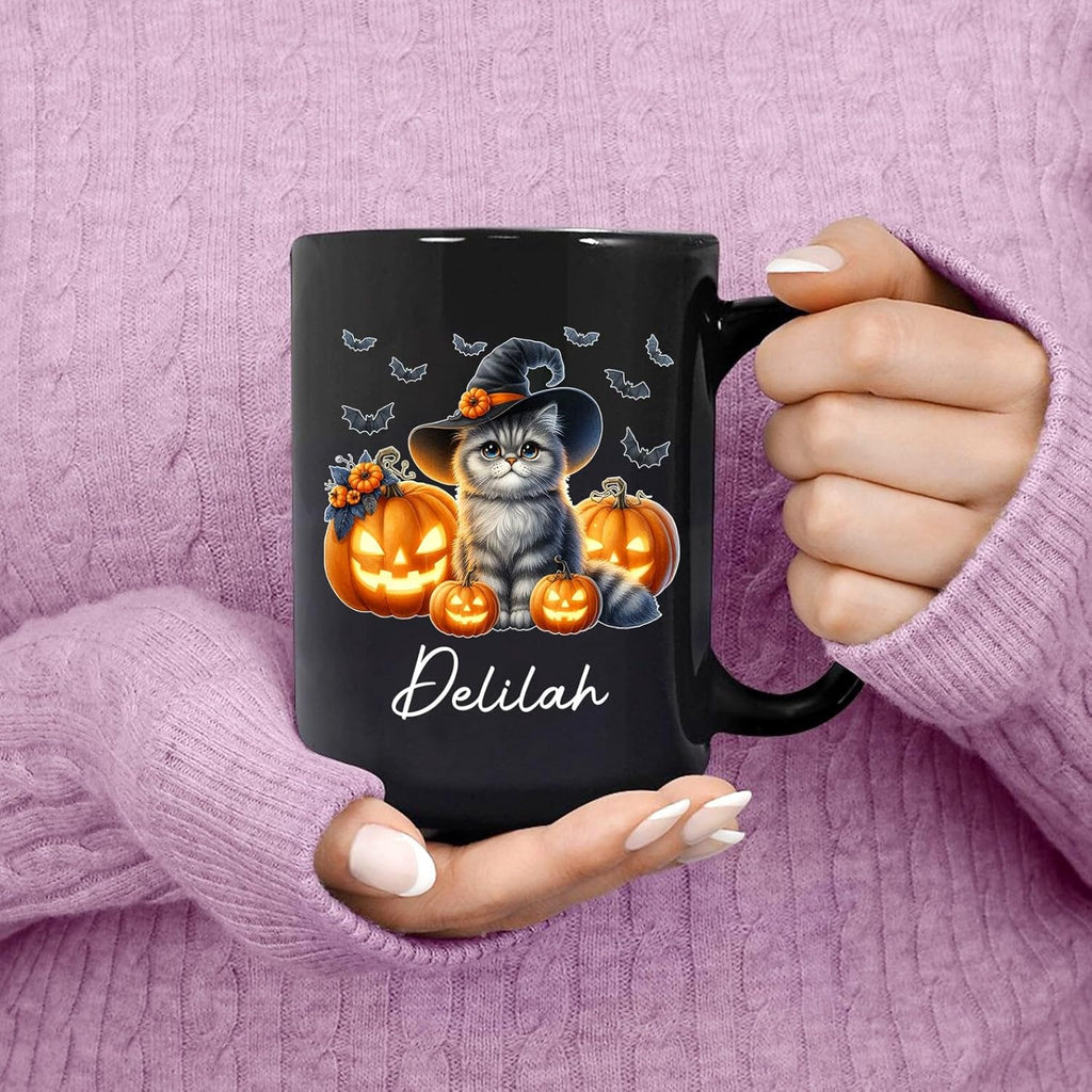 Customized Halloween British Longhair Mug with Name, Personalized British Longhair with Pumpkins Coffee Cup, Witch Cat Ceramic Mug, Pet Halloween Black Cup 11oz 15oz, Gift for Cat Dad Mom