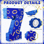 Number 7 Blue and Golden Rings Piñata for Kids Birthday Cartoon Theme Small Piñata with Blindfold Stick Confetti for Fiesta Cinco De Mayo Party Decor, 15.8 x 11 x 2.8 Inch