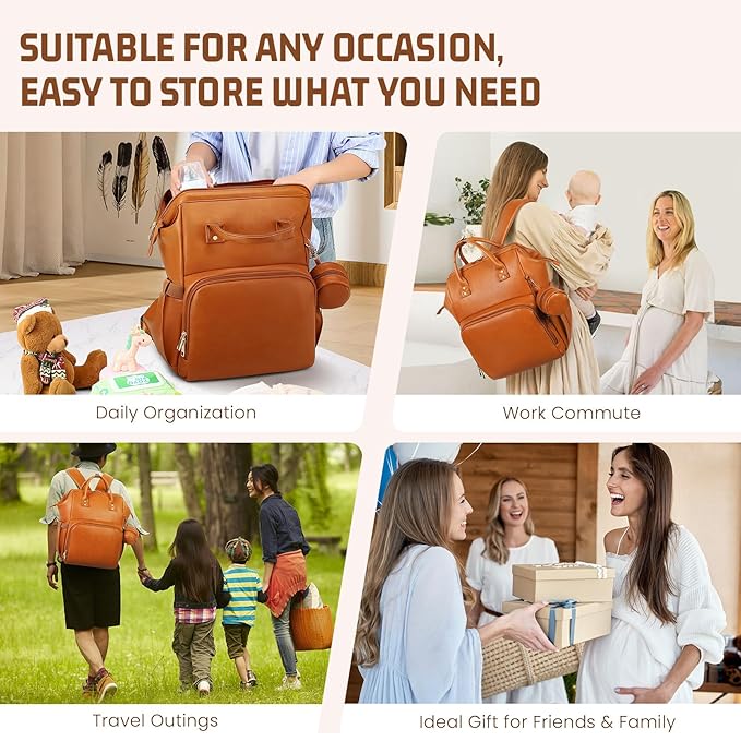 Premium Vegan Leather Diaper Bag Backpack with Waterproof Changing Pad – Reinforced Stitching & Zippers, Baby Bag for Boy Girl, Stroller Straps, Ergonomic Design for Traveling Moms, Brown