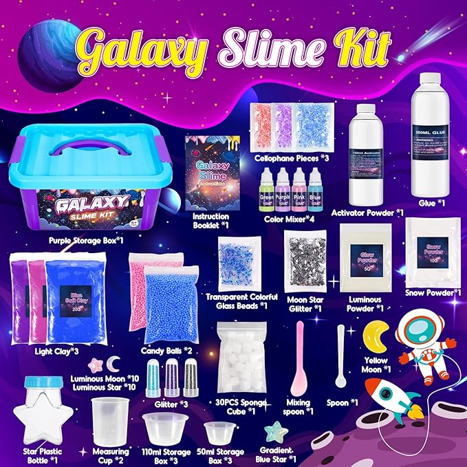 Slime Kit,Toys for 6 7 8 9 10 11 12 Year Old Girls Boys Galaxy Slime Making Kit Making Butter Slime Dark Powder to Make Glitter Galactic Slimes Stress Relief Toys Fun Birthday Gifts