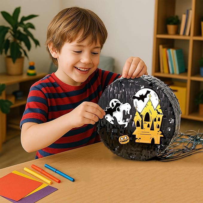 WERNNSAI Black Round Pinata for DIY - Halloween Black Moon Pinata for Kids DIY Birthday Party Disco Decoration for Adult Night Party Supplies with Confetti Bat Blindfold, 12.2”x 12.2”