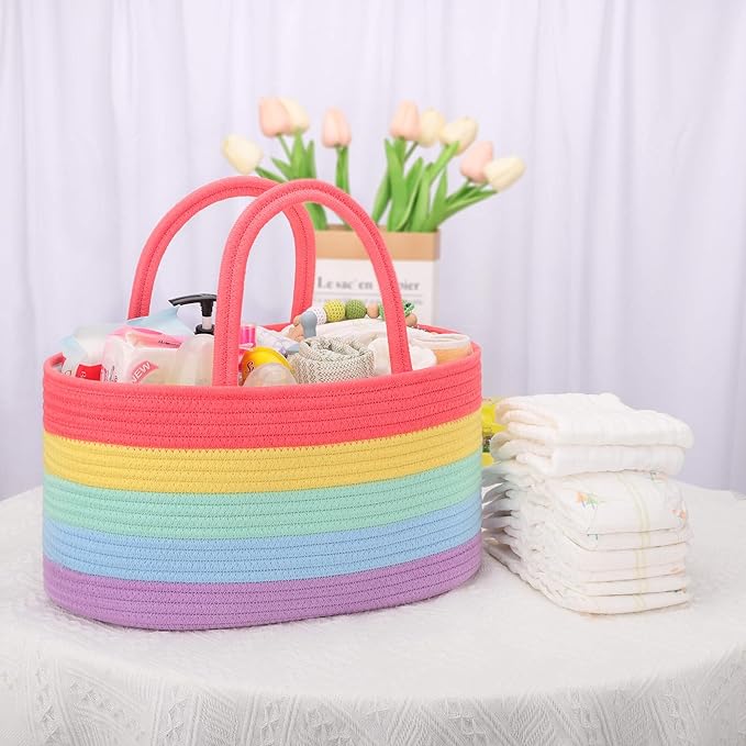 COMSE Baby Diaper Caddy Organizer, Car Caddy, Diaper Change Organizer, Gift Baskets Empty, Portable Tote Bag with Divider, Baby Shower Gifts Newborn Essentials Registry Must Have, Rainbow