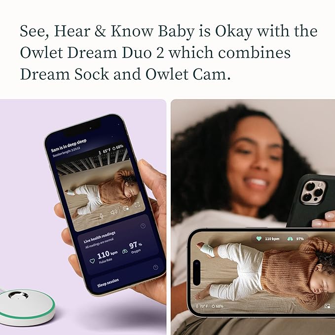 Owlet Dream Duo (Gen 2) Smart Baby Monitor Bundle – HD Video Camera + Wearable Sock Tracks Baby’s Oxygen, Heart Rate & Sleep
