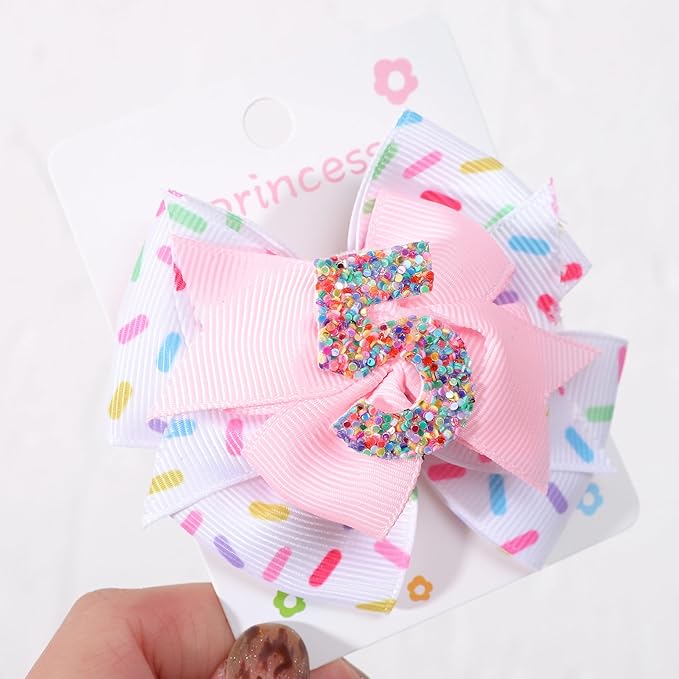 Hair Clip - 1st Birthday Pink Bow Party Decorations, Confetti Ice Cream for Girls, 5th Baby Girls Hair Bow, Hair Clip