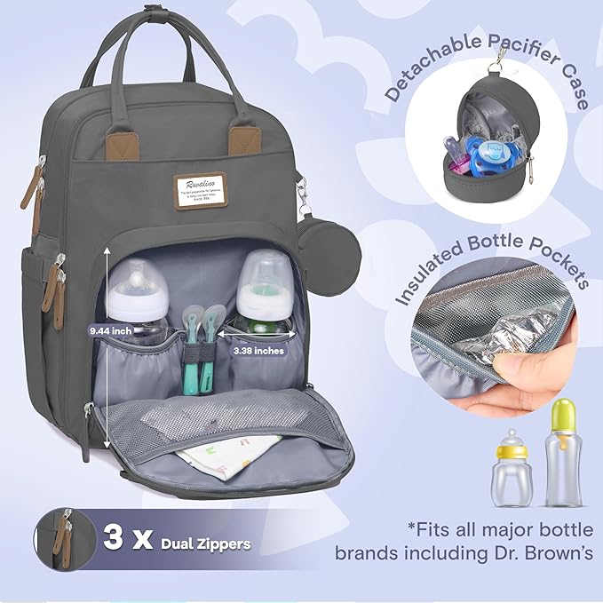 RUVALINO Diaper Bag Backpack, Multifunction Travel Back Pack Maternity Baby Changing Bags, Large Capacity, Waterproof and Stylish, Iron Gray