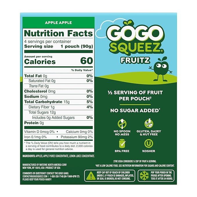 GoGo squeeZ Applesauce and Fruit Puree, Apple Apple, 3.2 oz (Pack of 48), Unsweetened Fruit Snacks for Kids, Gluten Free, Nut Free and Dairy Free, BPA Free Pouches (Packaging May Vary)