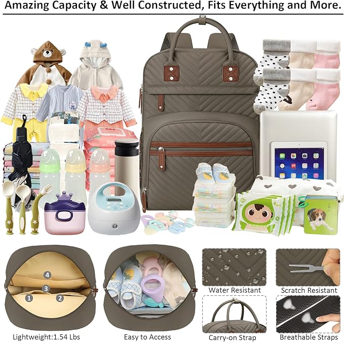 Diaper Bag Backpack Tote for Women Large Capacity, Baby Bag with Insulated Pockets Multifunctional Diaper Bags For Baby Girl Boy Waterproof Baby Bags For Boys Girls Maternity Bag khaki Brown