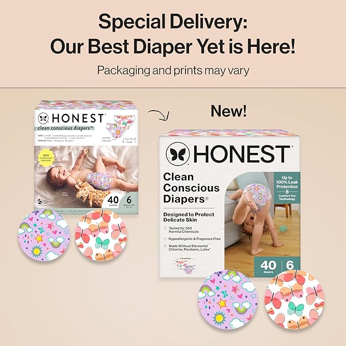 The Honest Company Clean Conscious Diapers for Delicate Skin | Up to 100% Leakproof | Hypoallergenic, Fragrance Free | Girl Prints | Club Box, Size 6 (35+ lbs), 40 Count (Prints May Vary)