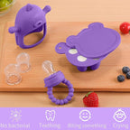 Baby Fruit Food Feeder Breastmilk Popsicle Molds for Teething Relief - 3 Pack Feeding Sets - 1 Freezer Tray with Lid & 1 Teether Toy & 1 Silicone Pacifier + 3 Extra Sizes Infant Feed Mesh (Purple)