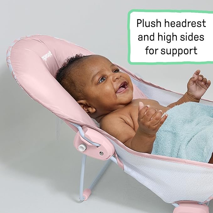 Ingenuity Foldaway 2-Position Bather, 2-Position Adjustable Support Baby Bath seat for Sink or Bathtub, Ages 0-6 Months, up to 20 pounds, Pink