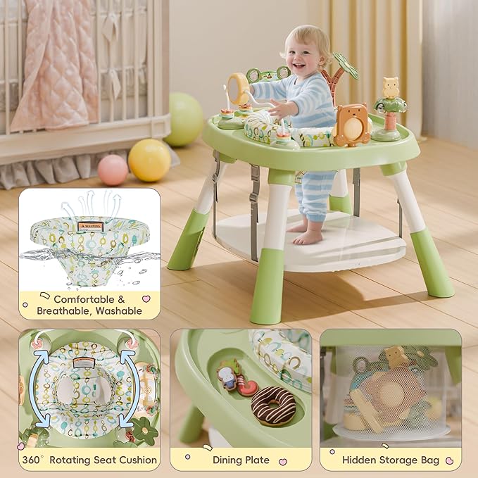 TOLEAD Baby Activity Center, Infant Jumper Activity Center with 5 Toys, Lights & Music, Adjustable Heights, 3-Stage Activity Center & Play Table, Interactive Play Center for Baby Ages 6m+ (Green)