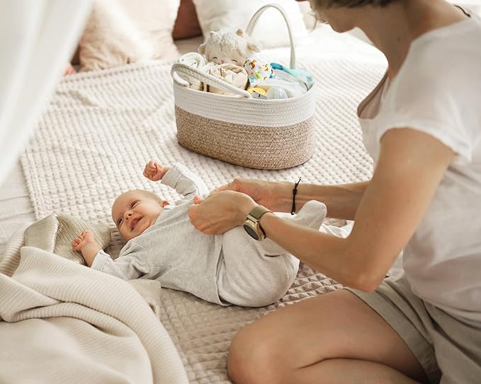 Diaper Caddy Organizer, Empty Gift Basket for Newborn Essentials, Baby Storage Basket, Stylish Gift Bag for Baby Shower, Boys and Girls – Small, White and Beige Brown