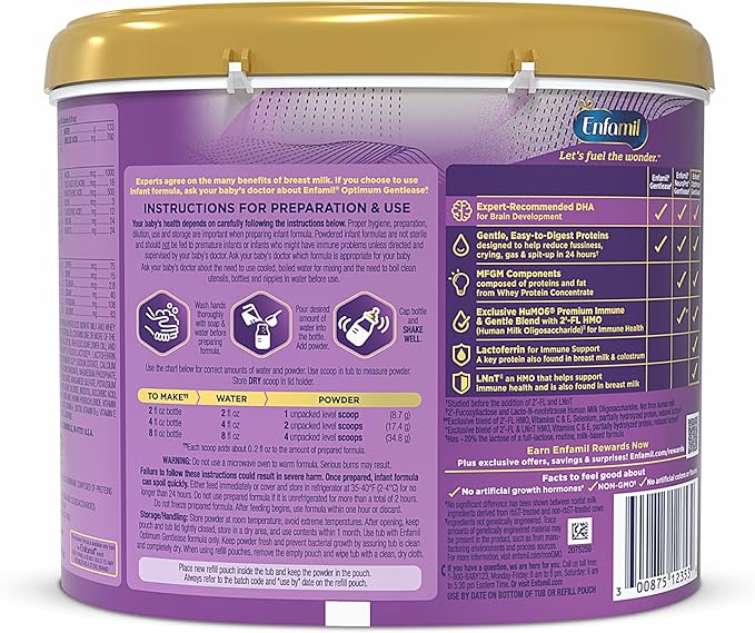 Enfamil Optimum Gentlease Baby Formula, Our Closest Formula to Breast Milk For Fussiness, Crying, Gas & Spit-up, Immune-Supporting Lactoferrin also found in Breast Milk, 19.5 Oz, Pack of 4