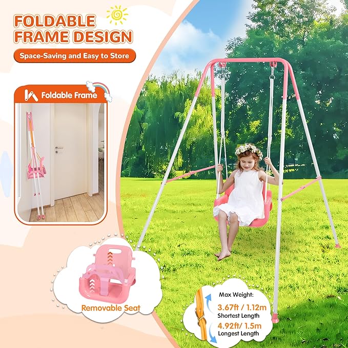 4-in-1 Toddler Swing Set & Baby Jumper and Bouncers, Heavy Duty Baby Swing Set with Foldable Metal Stand for Indoor & Outdoor, Suitable for Children 6 Months and Older, Easy to Assemble & Store