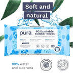 Pura Flushable Toddler Wipes 1 x 60 Wipes, 100% Plastic Free, 99% Water, Hypoallergenic & Fragrance Free, Totally Chlorine Free, Kids Toilet Wipes, Sensitive Skin