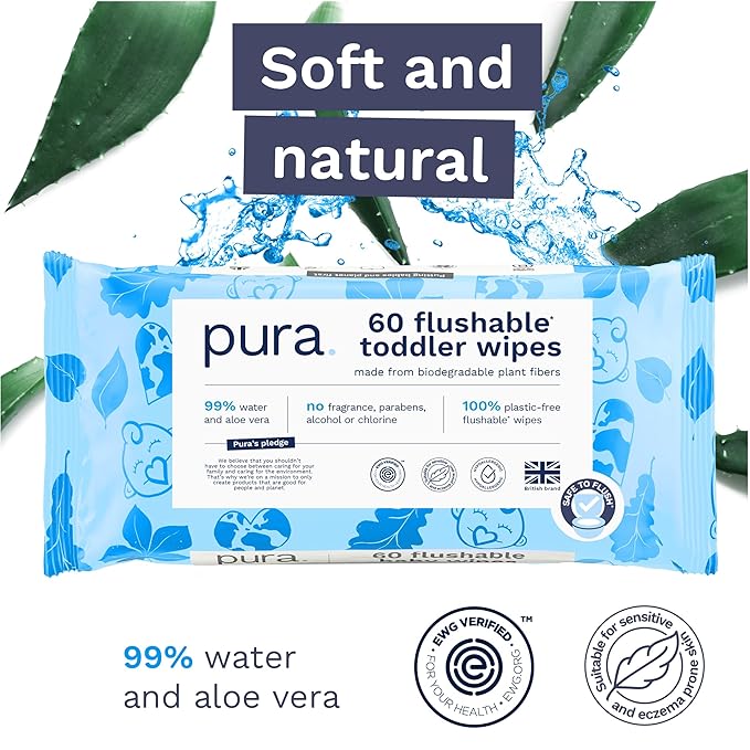 Pura Flushable Toddler Wipes 1 x 60 Wipes, 100% Plastic Free, 99% Water, Hypoallergenic & Fragrance Free, Totally Chlorine Free, Kids Toilet Wipes, Sensitive Skin