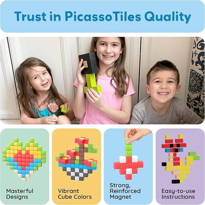 PicassoTiles 108pcs 1” Magnetic Puzzle Cubes Magnet Toys Preschool Construction Building Block Set Sensory Toy Early Education STEM Learning Come with Ideabook for Children Age 3+ Boy Girl PMC108