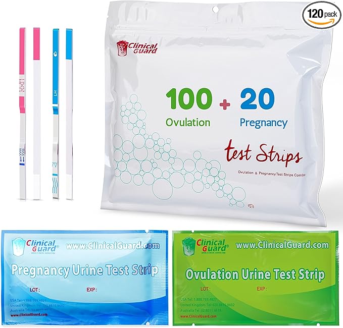 Clinical Guard 100 Ovulation Test Strips and 20 Early Pregnancy Test Strips Combo Rapid HCG Test Fertility Ovulation Predictor Kit (120 Count) - Azure/Sage
