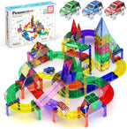PicassoTiles 128pcs Magnetic Race Car Track Building Block Educational Toy Set Tiles Magnet Playset 3 LED Car STEM Learning Construction Kit Fine Motor Skill Training Brain Development for Kids Age3+