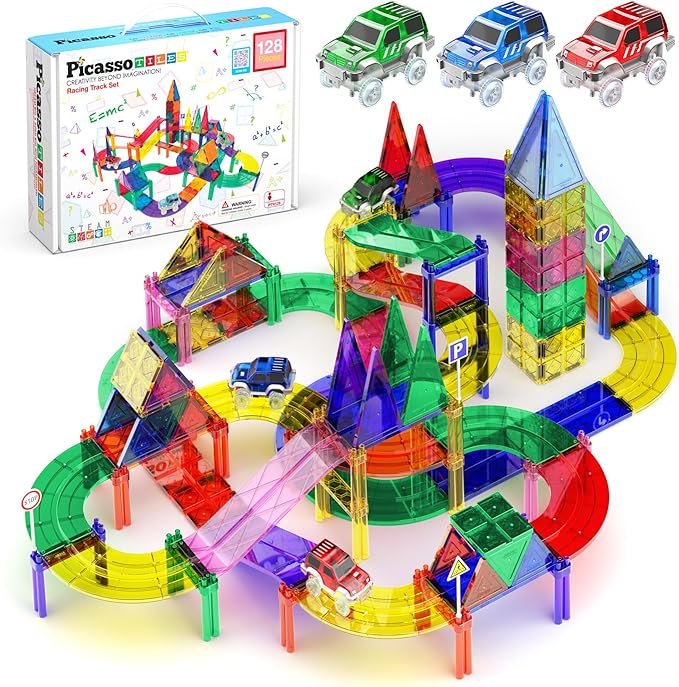 PicassoTiles 128pcs Magnetic Race Car Track Building Block Educational Toy Set Tiles Magnet Playset 3 LED Car STEM Learning Construction Kit Fine Motor Skill Training Brain Development for Kids Age3+