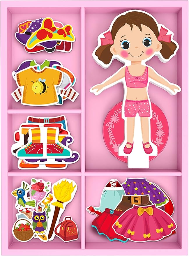 TOYSTER'S Magnetic Wooden Dress-Up Dolls Toy | Pretend Play Set Includes: 1 Wood Doll with 30 Assorted Costume Dress Ideas | Not Your Average Paper Doll | Great Gift Idea for Little Girls 3+
