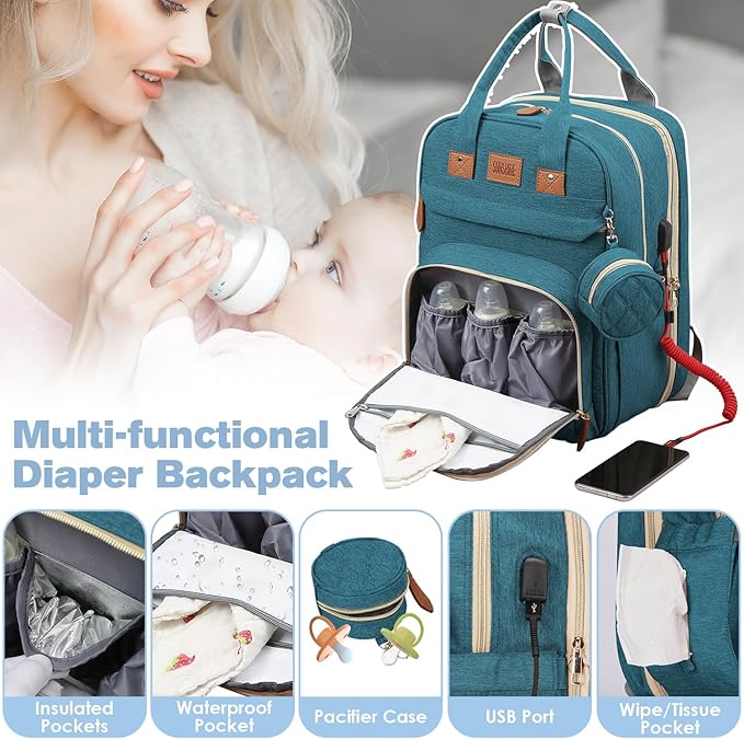 Diaper Bag Backpack, Large Diaper Bag with Changing Station, Baby Bag, New Mom Gifts, Lightweight Waterproof Unisex Diaper Bag with Insulated Pockets and USB Charging Port, Cyan