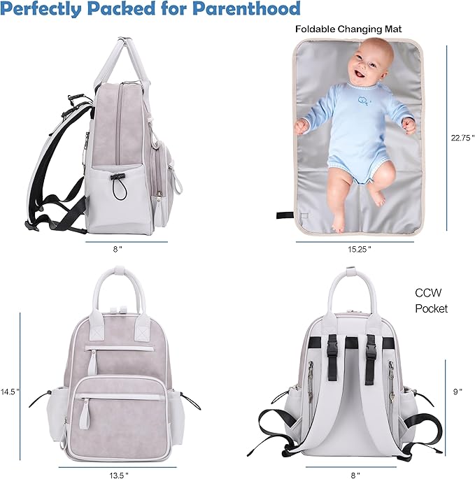 JESSIE & JAMES Saturday EDC Diaper Bag Backpack Multi Function Diaper Bag with Changing Pad & Stroller Straps_Grey