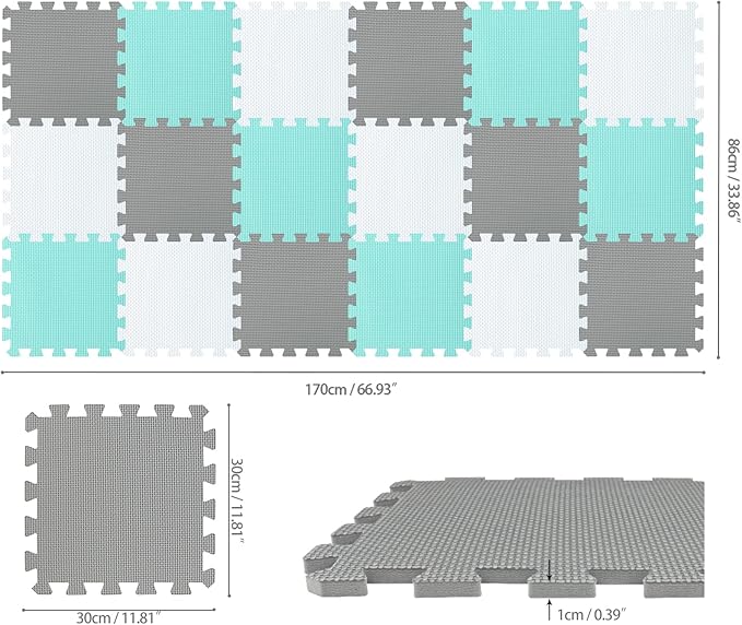 qqpp EVA Rubber 18 Tiles Interlocking Puzzle Foam Floor Mats - Baby Play Mat for Playing | Exercise Mat for Home Workout. White, Green, Gray. QC-AHLb18N
