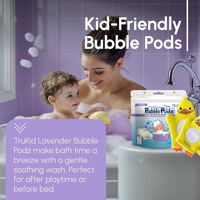 TruKid Lavender Bubble Podz, Baby Cream & Bubble Glove Set – Soothing Bath and Skincare Bundle for Kids