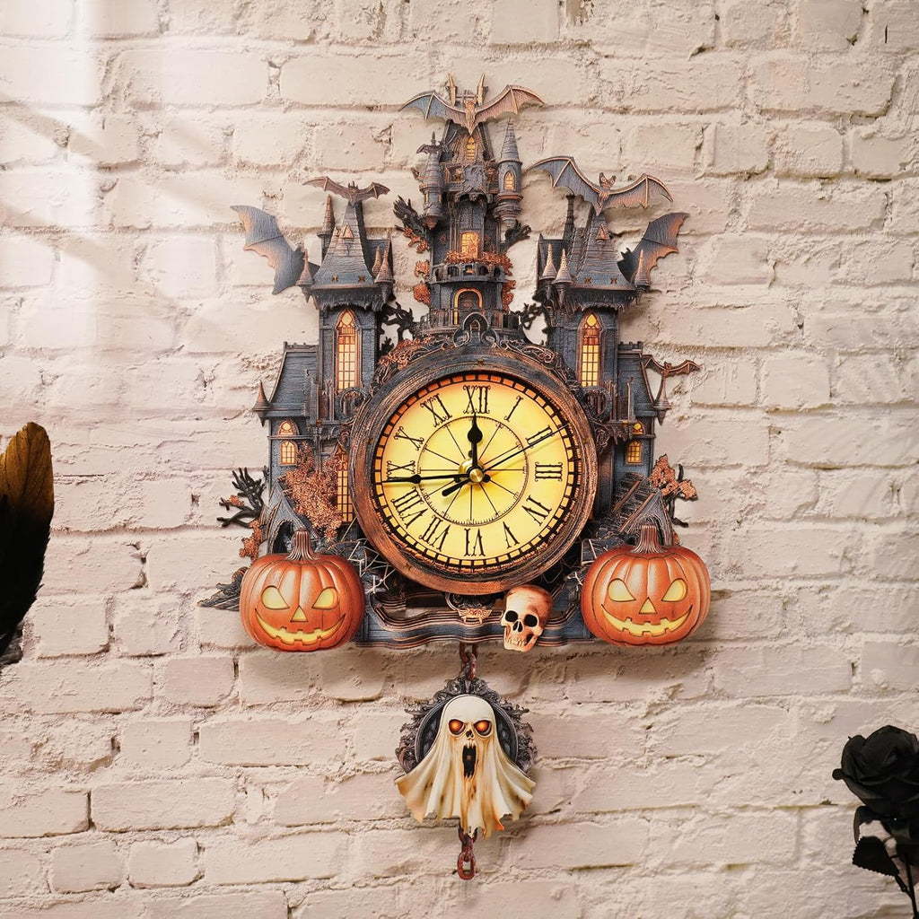 3D Puzzles for Adults Clock-Halloween Cottage Design Model Kit-Mechanical DIY Pendulum Clock with Roman Numerals-Desk Home Office Decor Personalized Gift for DIY Lovers