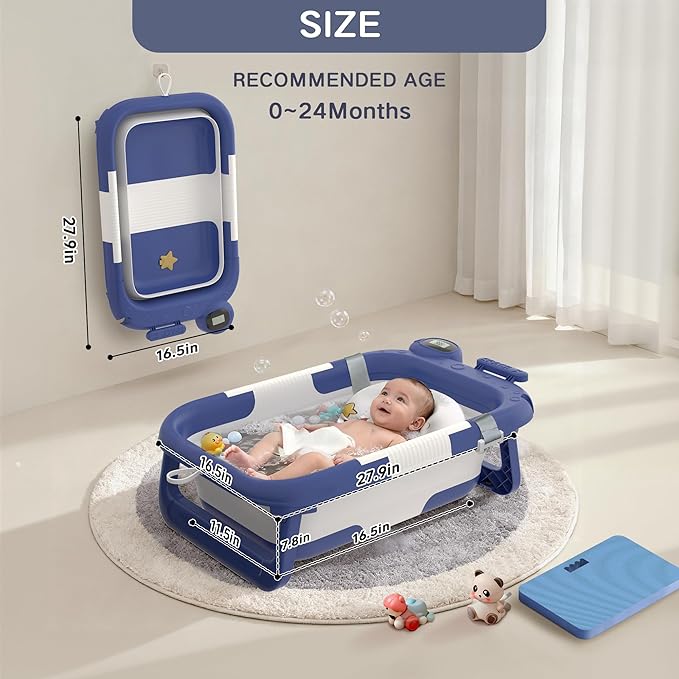 Collapsible Baby Bathtub for Newborn to Toddler (0-24 Months), Portable Baby Bath Tub for Travel, Newborn Bathtub with Soft and Supportive Cushion (Astronaut-Blue)