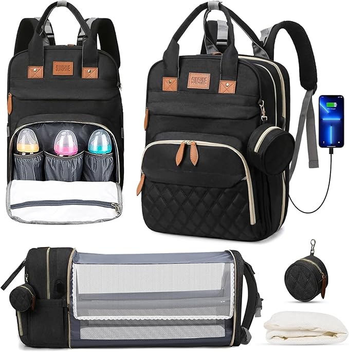 Diaper Bag Backpack – Large Waterproof Baby Bag with USB Charging Port, Changing Pad & Stroller Straps – Stylish, Durable & Hands-Free Travel Organizer for Moms & Dads (Black)