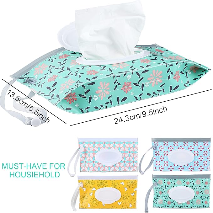 FEBSNOW 4 Pack Baby Wipe Dispenser, Portable Refillable Wipe Holder, Baby Wipes Container, Wipe Dispenser, Reusable Travel Wet Wipe Pouch (Floral)