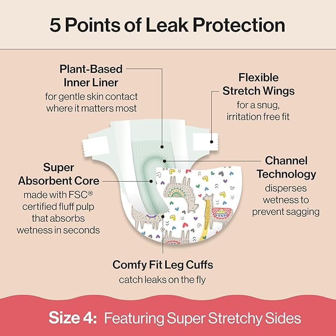The Honest Company Clean Conscious Diapers for Delicate Skin | Up to 100% Leakproof | Hypoallergenic, Fragrance Free | Girl Prints | Super Club Box, Size 4 (22-37 lbs), 104 Count (Prints May Vary)