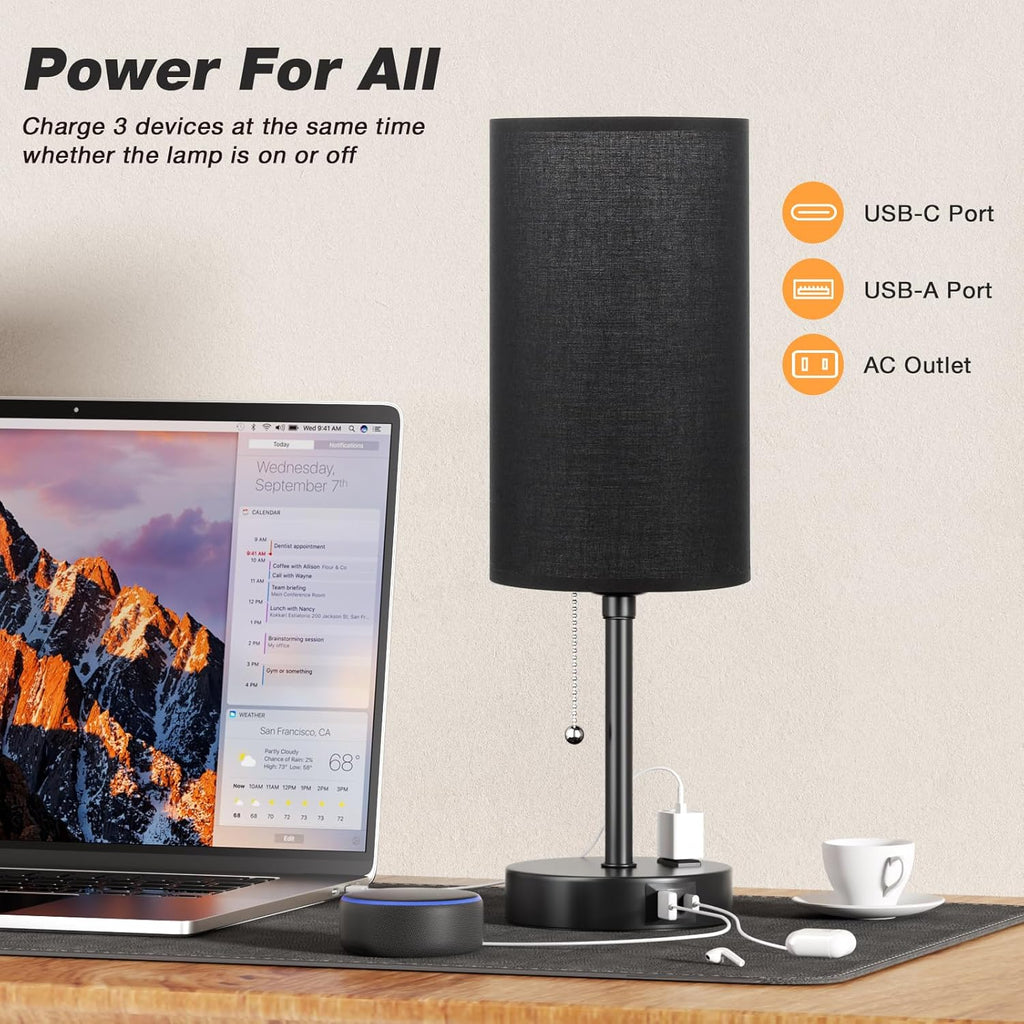 Dicoool 17Inch Tall Bedroom Lamps with USB C and A Ports 3 Color Temperatures - Pull Chain Black Nightstand Bedside Table Lamp with AC Outlet, Side Lamp for Living Room End Table