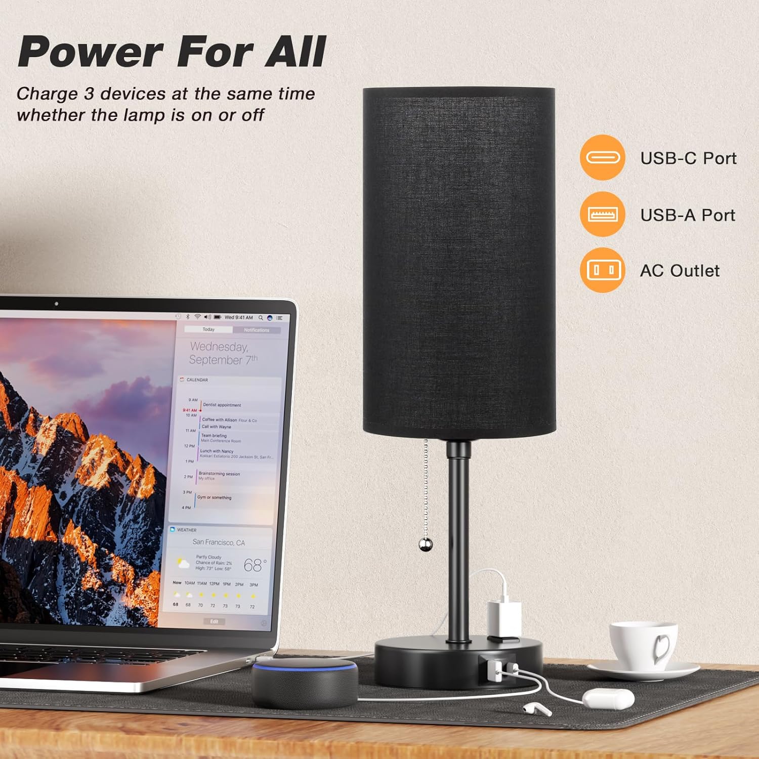 Dicoool 17Inch Tall Bedroom Lamps with USB C and A Ports 3 Color Temperatures - Pull Chain Black Nightstand Bedside Table Lamp with AC Outlet, Side Lamp for Living Room End Table