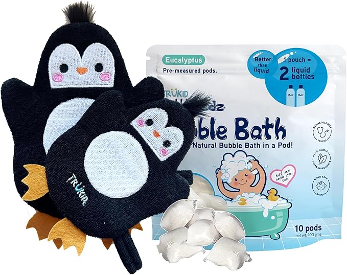 TruKid Eucalyptus Bubble Podz & BubbleGlove Set – Bubble Bath Pods and 2 Wash Gloves for Sensitive Skin